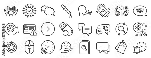 Set of Technology icons, such as Safe time, Search files, Sale tags icons. Internet warning, Chemistry pipette, Ranking signs. Search, Dots message, Breathing exercise. Update time. Vector