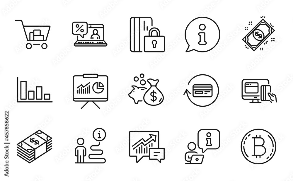 Finance icons set. Included icon as Online payment, Refund commission, Internet shopping signs. Blocked card, Bitcoin, Accounting symbols. Loan, Presentation, Online loan. Payment. Vector