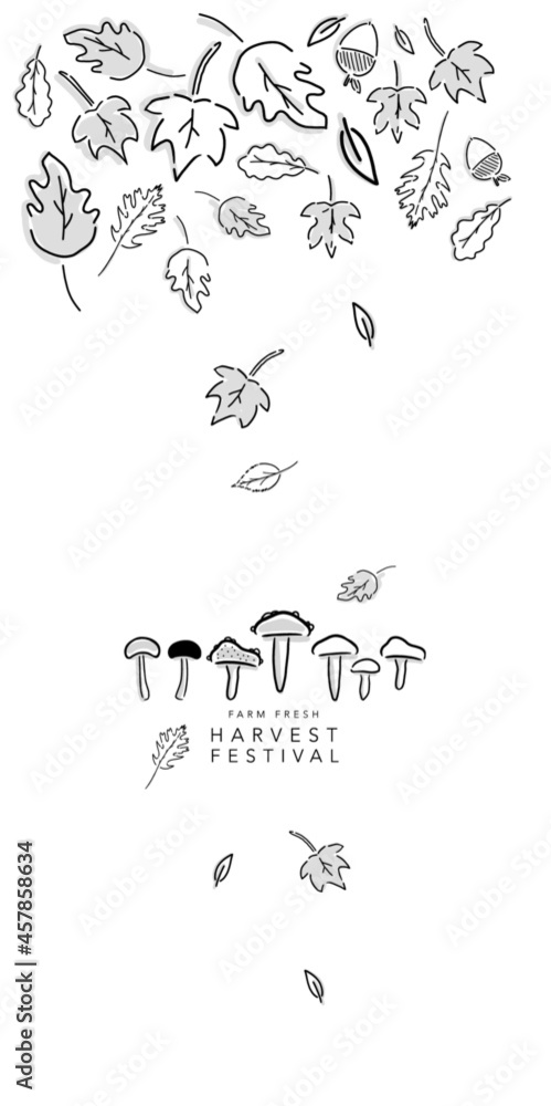 Fall vector illustration of mushrooms and leaves. Seasonal message on store sign, cafe menu, event design, logo, email and banner, etc. - Farm Fresh Festival - Vertical