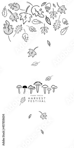 Fall vector illustration of mushrooms and leaves. Seasonal message on store sign, cafe menu, event design, logo, email and banner, etc. - Farm Fresh Festival - Vertical
