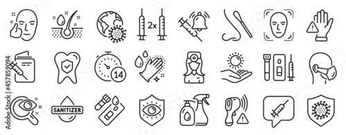 Set of Medical icons, such as Blood and saliva test, Healthy face, Coronavirus pandemic icons. Sun protection, Coronavirus, Medical mask signs. Hand sanitizer, Covid test, Washing hands. Vector