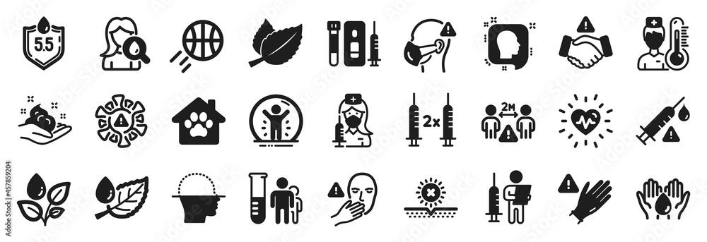 Set of Healthcare icons, such as Use gloves, Plants watering, Medical analyzes icons. Pet shelter, Basketball, Medical mask signs. Moisturizing cream, Leaf dew, Dont touch. Vaccination. Vector