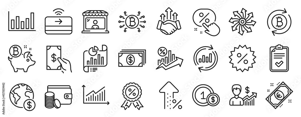 Set of Finance icons, such as Checklist, Usd coins, Payment method icons. Receive money, Bitcoin coin, Update data signs. Discount, Bitcoin system, Banking. Discount medal, Column chart. Vector