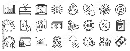 Set of Finance icons  such as Checklist  Usd coins  Payment method icons. Receive money  Bitcoin coin  Update data signs. Discount  Bitcoin system  Banking. Discount medal  Column chart. Vector