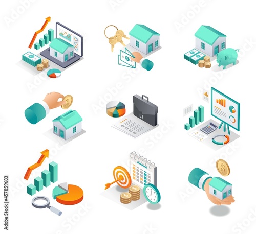 Isometric icon sets. education home and real estate investing