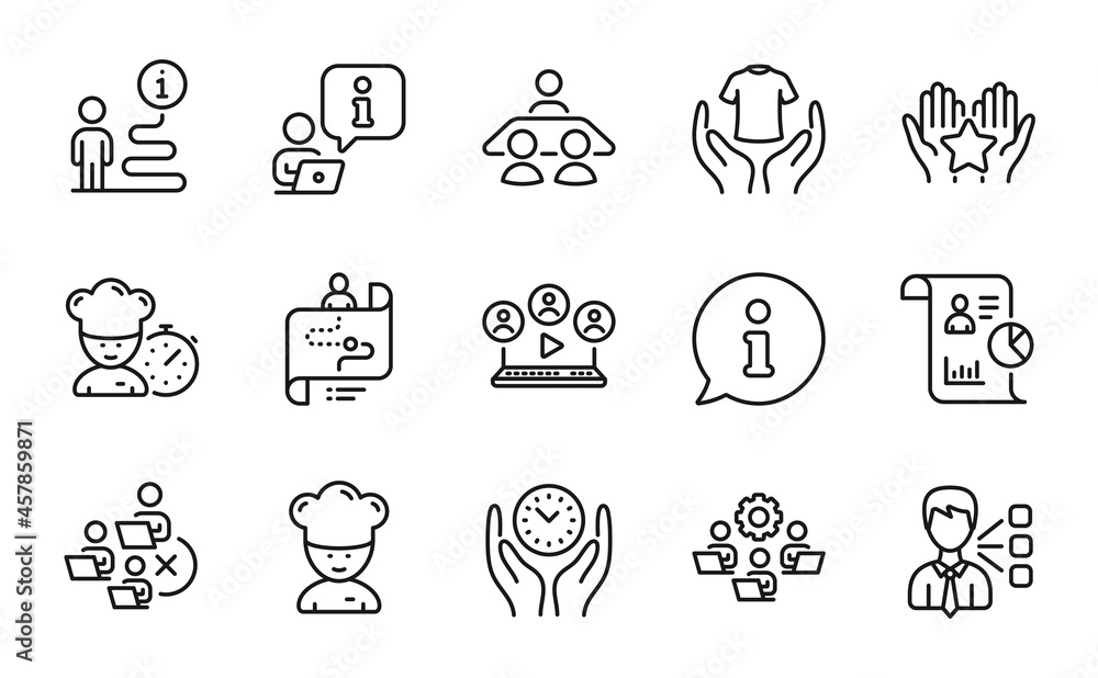 People icons set. Included icon as Video conference, Interview job, Ranking signs. Remove team, Chef, Cooking chef symbols. Third party, Teamwork, Safe time. Hold t-shirt, Report. Vector