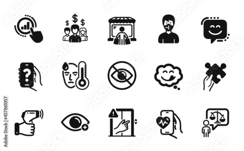 Vector set of Electronic thermometer, Puzzle and Medical mask icons simple set. Yummy smile, Not looking and Help app icons. Lawyer, Dont touch and Fever signs. Vector