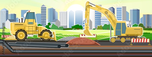Industrial pipeline laying. Construction of new quarters. Modern city. Excavation and laying of underground pipes with water, gas or sewerage. Illustration vector