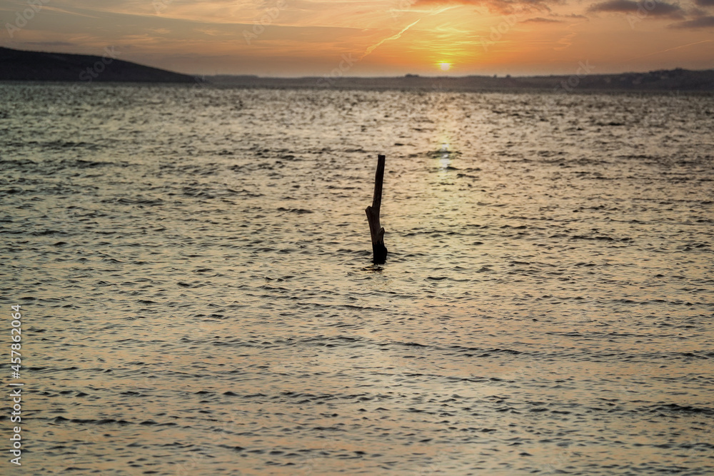 a stake in the ocean at sunset