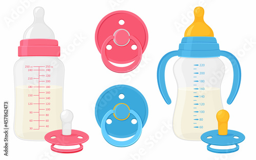 Baby bottles with milk and pacifier baby dummies care nipples for newborn child . Isolated on white background. Flat design