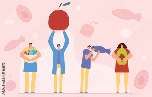 A low-carb keto or paleo diet. A set of characters with food in their hands. Vector illustration in a flat style. Design template. Banner for the site.