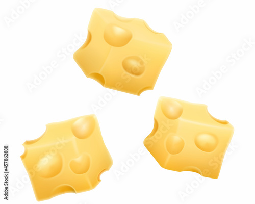 Cheese cube set, food object, isolated on white background. Realistic 3D vector illustration