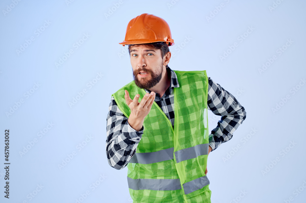 working man green vest orange helmet workflow hand gestures isolated background working man green vest orange helmet workflow hand gestures isolated background