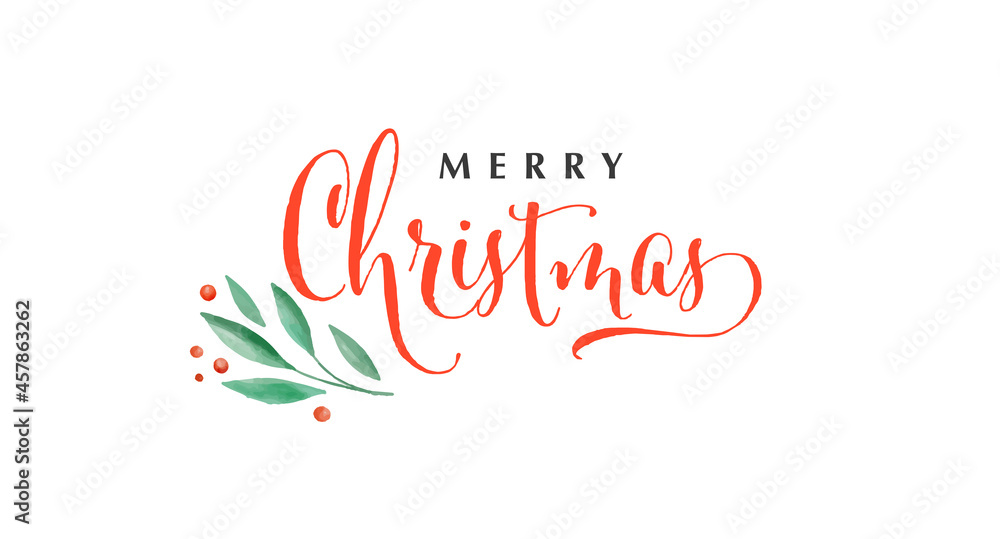 Merry Christmas background. Vector watercolor lettering design with elegant wreath illustration