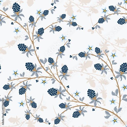 Seamless vector pattern with natural motives: branches of blackberries, leaves, flowers and berries. Delicate background.  Repeating designs for decor, packaging, wallpaper, textiles, print, tiles
