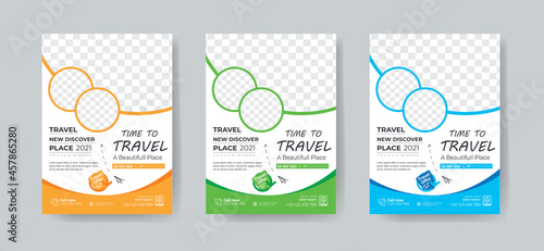 Travel flyer template design with contact and venue details. Summer travel agency promotion design template.