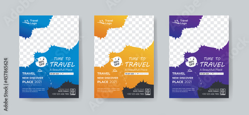 Travel flyer template design with contact and venue details. Summer travel agency promotion design template.