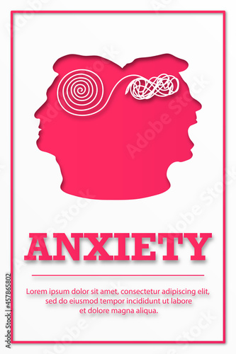 ANXIETY. Poster for medical institutions. Silhouette two faces. The concept of mental destruction of the personality. Man suffering from bipolar disorder. Split personality. Psychology.