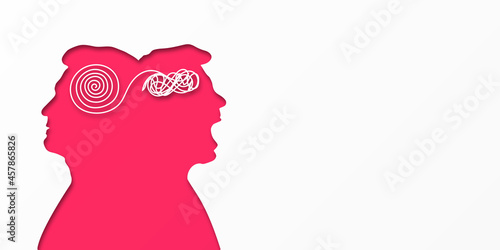 Bipolar disorder mind mental. Double silhouette of a man's head. Metaphor split personality. Psychology of people. Concept mood disorder. Dual personality concept. Mental health. Copy space.