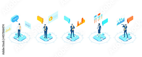 Isometric environment design with business people working in data centre, achievement, goal, analysing and controlling idea. Business icons