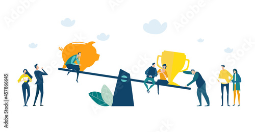 Business people, creative team and scale. People measuring golden pig VS garden trophy. Money or trophy