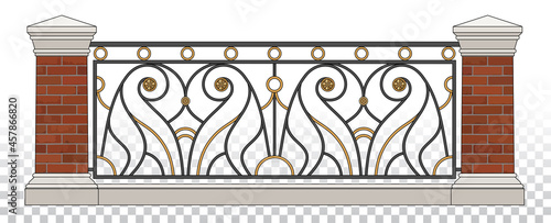 Classic Iron Fence With Red Brick Pillars. Gold Decor. Vintage. Vector. Wrought Iron Railing. Handrails. Art Nouveau Luxury Modern Architecture. Ornamental Fence. Palace. City. Street. Blacksmithing.
