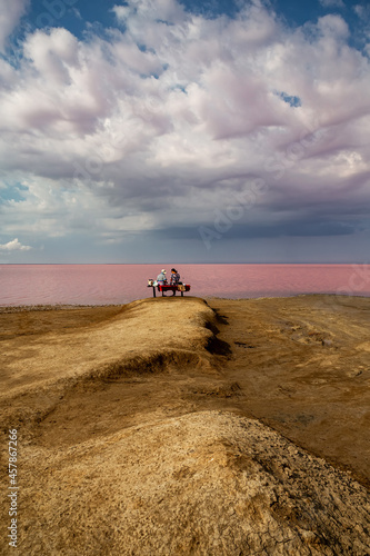 Pink salt lake Sivash. A place in Ukraine for treatment and walks.