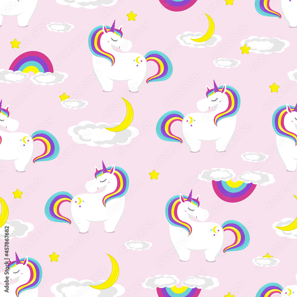 Pattern of cute unicorn stands on moon. flat vector illustration.