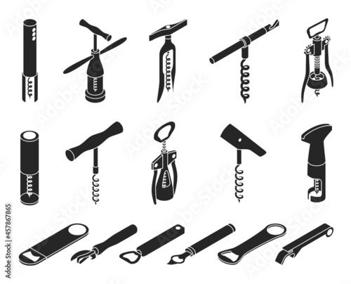 Corkscrew vector black set icon.Isometric set icon opener for bottle. Vector llustration corkscrew on white background .