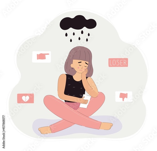 Cyber bullying concept. Sad teenage girl sitting with smartphone. Vector illustration
