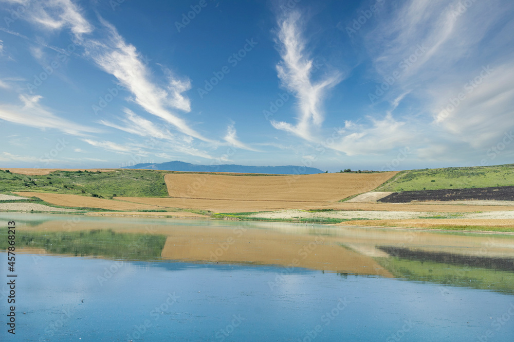 Cereal field on the shore  the raft of Zolina , a saline redoubt of an ancient sea in the Pyrenees, Navarra, Spain