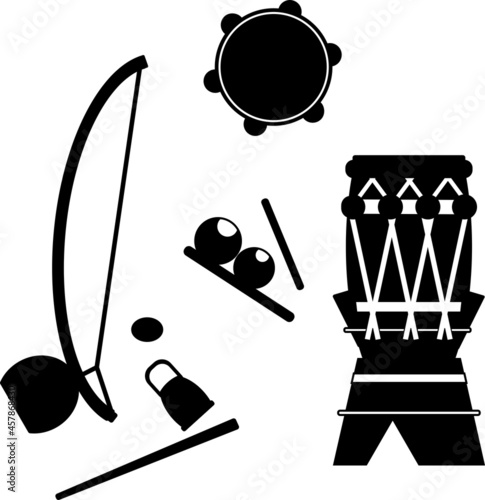 Capoeira instruments vector set. Collection of Berimbau, atabaque, pandeiro, caxixi, agogo. Capoeira bateria black silhouette vector clipart, icon. afro brasil music equipment