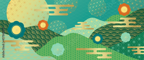 Oriental style background vector. Chinese and Japanese pattern oriental line art with golden line art texture. Wallpaper design with mountain and flower , Ocean and wave.
