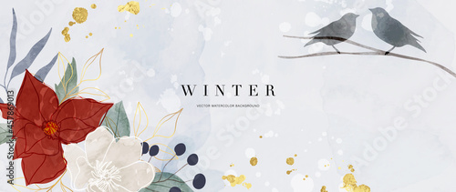 Winter background design  with watercolor brush texture, Flower and botanical leaves watercolor hand drawing. Abstract art wallpaper design for wall arts, wedding and VIP invite card.  Vector EPS10