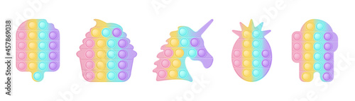 Set of 5 forms pop it a fashionable silicon toys for fidgets. Addictive anti-stress toy in pastel colors. Bubble sensory developing popit for kids. Vector illustration isolated on a white background.