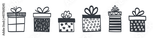 Gift box icons. Hand drawn gift boxes. Gift boxes in the drawn style. Vector illustration photo