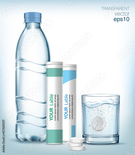 Glass of blue water, bottle of water, plastic box for pills and a few pills next to the glass.  Vitamin pill soluble in water.  Transparent vector