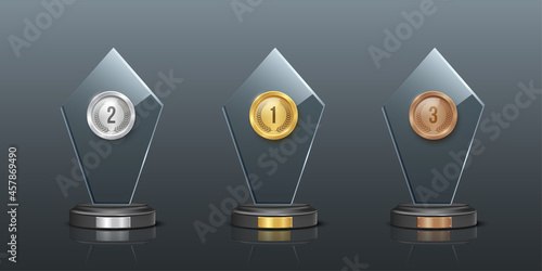Award glass trophy, realistic crystal prizes with blank golden, silver and bronze badges