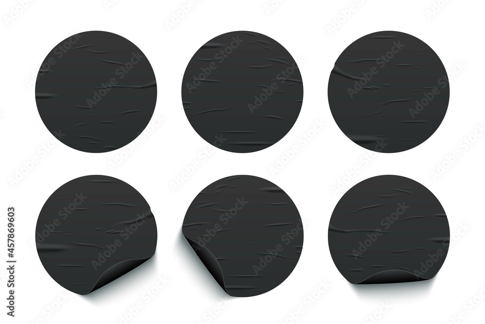 Glued round black stickers set isolated on white background. Vector realistic crumpled posters bundle. Empty advertising circles mockup - obrazy, fototapety, plakaty 