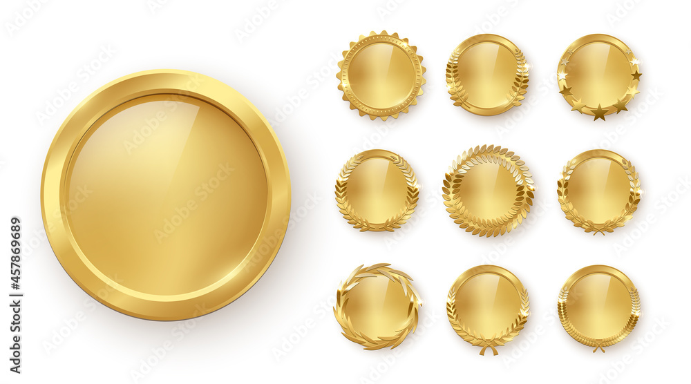 Gold medal with laurel wreath, circle award set, 3d golden winner badge medallion - obrazy, fototapety, plakaty 