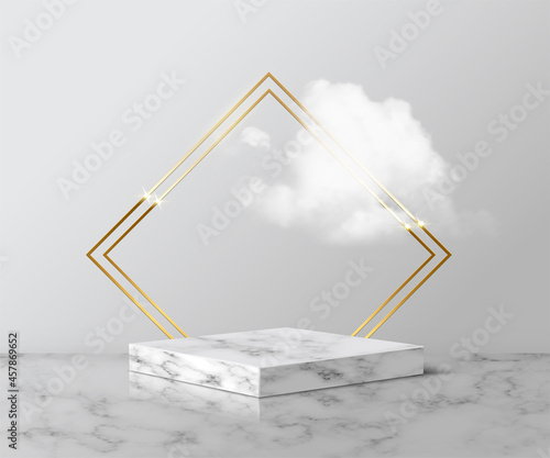 3d marble podium platform pedestal, gold double square frame product and sky cloud