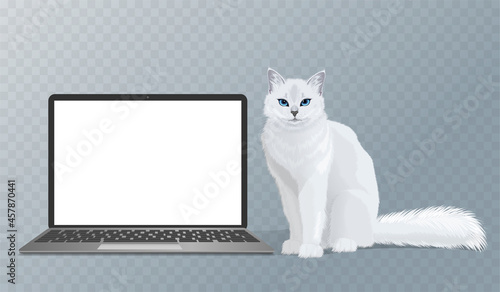 Vector mock up realistic laptop with blank screen display and white cat and coffee cup near a computer. Template with modern mobile laptop and blank copy space isolated on light background