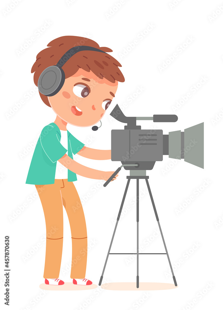 Vecteur Stock Movie cinema production and kid cameraman, operator  videographer boy recording video film | Adobe Stock