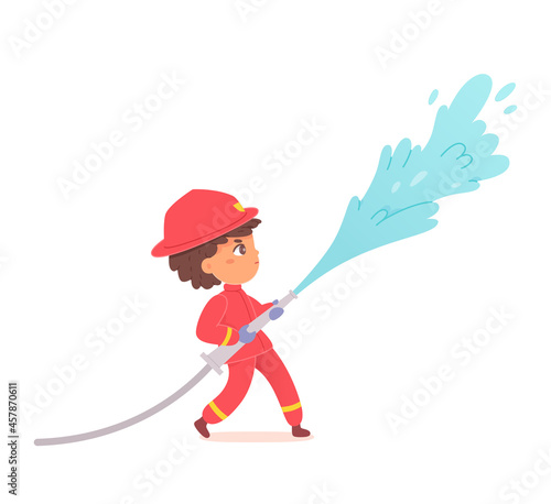 Kid firefighter with hose, boy fireman in red helmet holding firehose with flowing water