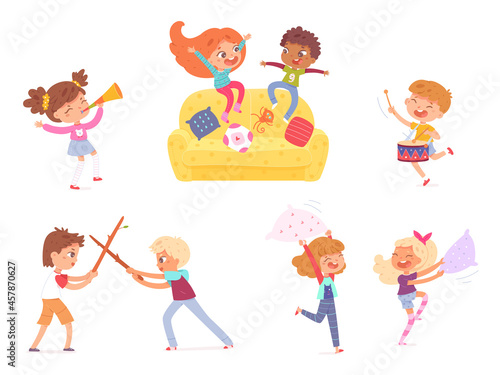 Kids playing and having fun set. Active leisure for children vector illustration. Boys and girls playing music instruments, fighting with pillows or swords, jumping on couch