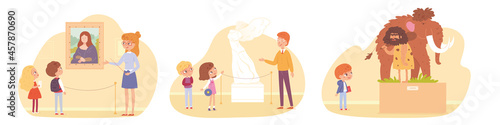 Children on museum trip set. Kids looking at art, sculpture, ancient history vector illustration. School excursion scenes with guides on white background. Educational exhibits