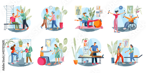 Medical rehabilitation and physical therapy set. People in recovery doing exercises and physiotherapy vector illustration. Old and young men and women in rehab healthcare centre photo