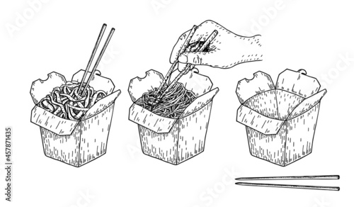 Illustration vector sketch of rice noodle. Isolated chinese box and chopsticks with noodles and vegetables. Hand drawn detailed fast asian food illustration. Great for banner, poster, sign