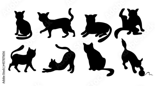 Set of cats Silhouettes on a white background. Elegant cat icons  funny cartoon curiosity black animal collection illustration isolated on white background