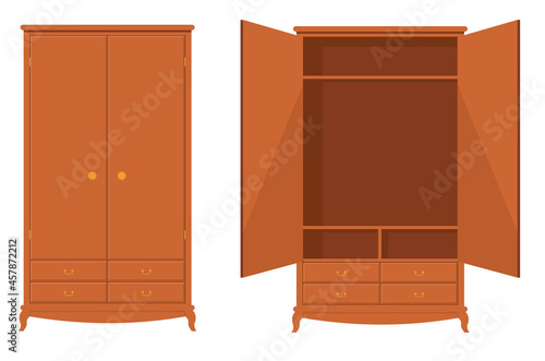 Wood wardrobe. Wooden empty dresser wardrobe vector illustration, wardrobe with drawer, shelves and hangers for bedroom interior design, brown emptying open flat cabinet. Vintage wardrobe